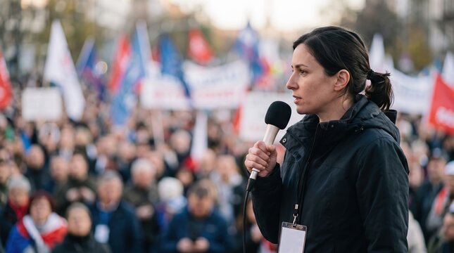 Female activist speaking to diverse crowd