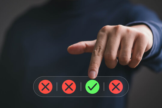 Digital decision making concept showing a hand selecting a correct option among multiple choices, symbolizing decision making, problem solving, strategy, evaluation, business planning, smart solutions
