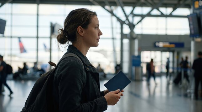 Young Woman Traveler Holding Passport At Airport Terminal