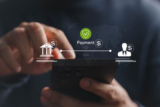 Digital payment concept showing a smartphone transaction between a bank and customer, with security and dollar icons, symbolizing fintech, mobile banking, secure payments, and financial services.