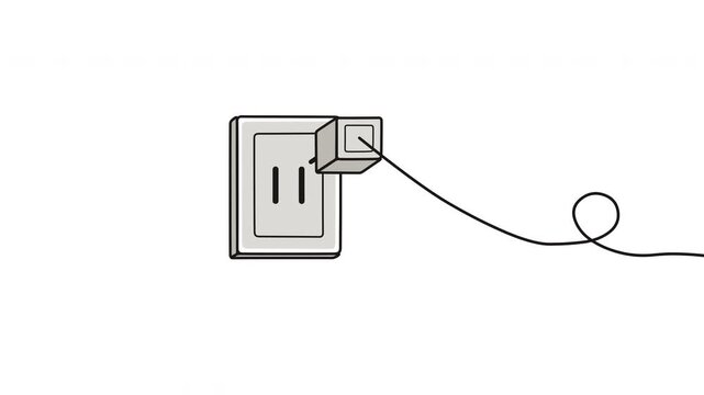 Seamless 4K animated loop of a hand drawn ink power plug sliding fully into a wall socket with electric spark lines, while its cable runs off the edge of the frame, on a white background with boiling