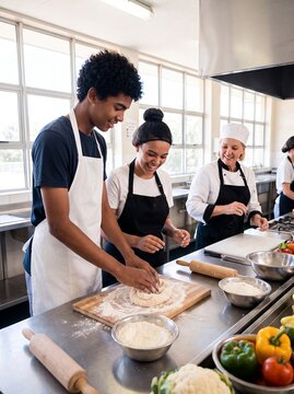 Cooking class teens kitchen dough baking chef culinary school learning students knead dough with vegetables on a steel counter for education websites and teacher appreciation posts