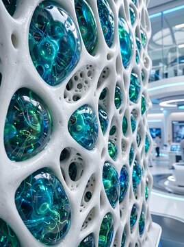 Futuristic Parametric Architectural Wall Texture, Modern Sci-Fi White Mesh Panel with Glowing Blue Glass Spheres, Abstract Technology Design Background