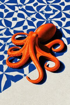Orange octopus on diagonal blue tile pattern strip for nautical summer poster design and decorative marine background