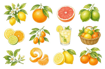 Fototapeta premium PNG Watercolor citrus fruit set with lemons oranges grapefruit and lime