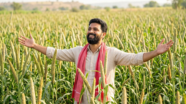 prosperous indian male farmer in pearl millet bajra field celebrating high crop yield for government agriculture scheme advertising banner poster