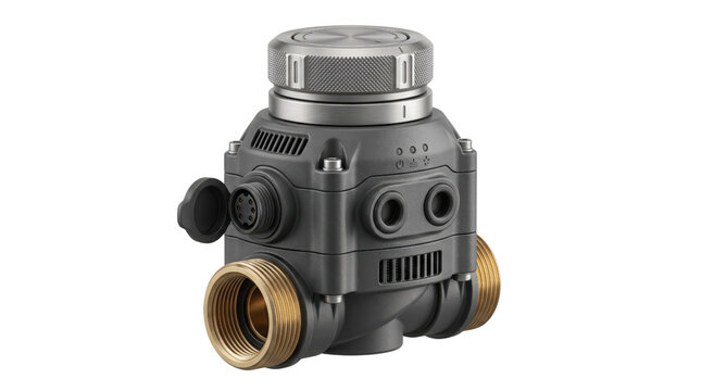 Industrial electronic control valve isolated on white background, metallic smart water flow meter, heavy duty brass plumbing component for engineering