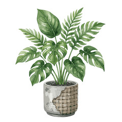 Watercolor houseplant. Monstera leaf. Tropical foliage art. Potted fern leaf. Green home decor. © Gita