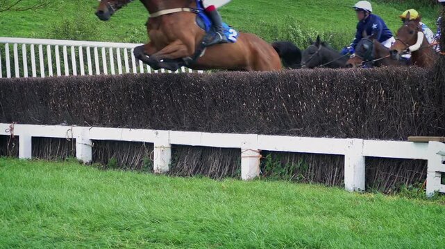 Horses Jump Over Fence At Race Course
