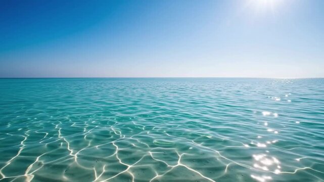 Crystal clear turquoise tropical sea water with sun reflections and bright blue sky horizon