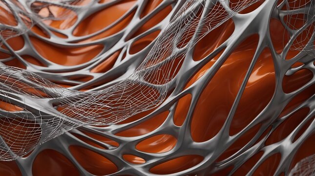 Futuristic metallic organic mesh structure, abstract silver lattice network over orange liquid background, parametric modern digital art texture