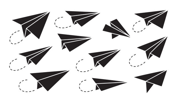 Minimalist paper planes with loop back dashed flight paths on transparent background for tech concepts.