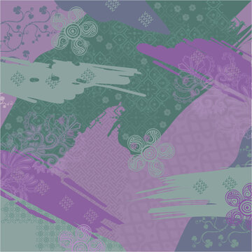 Abstract Geometric Digital Background: Modern Expressionist Collage Pattern with Ethnic Batik Grid, Grunge Paintbrush Strokes, Lace Floral Motifs Green Color