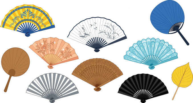 Traditional oriental hand fan vector set featuring Japanese folding sensu and round uchiwa fans with artistic bamboo patterns
