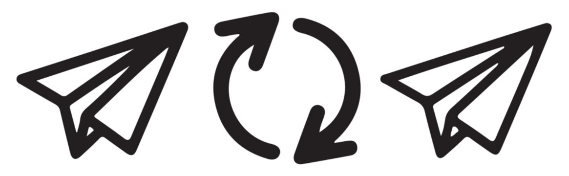 Black paper plane message icons and circular refresh arrows for website user interaction and software tools.