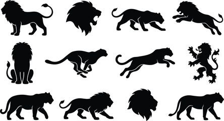 Obraz premium Set Of Wild Big Cats Silhouettes Featuring Male Lion Lioness Cheetah Panther And Tiger In Various Action Poses For Branding