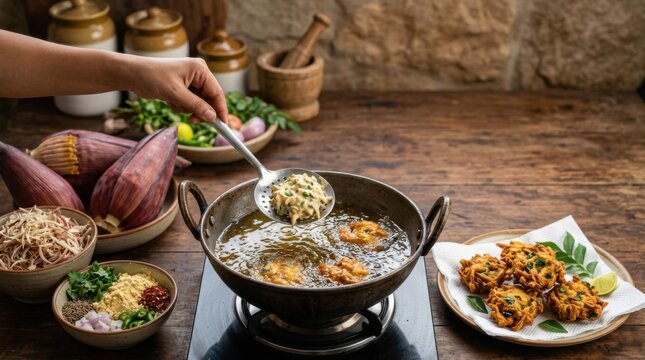 Hand frying delicious pakoras in hot oil on a wooden table