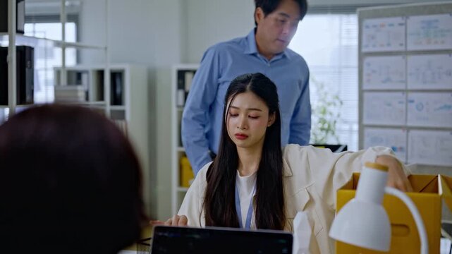 businesswoman packing into cardboard box due to job layoff,worker replaced by AI automation,career retirement,ai disruption and modern technology,Digital Disruption,Document Management Data System