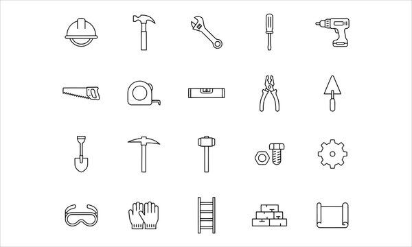 Construction tools vector line icons set with editable stroke. Hammer, wrench, saw, building equipment, and repair icon bundle.