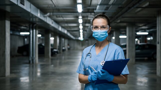 Female doctor in blue scrubs and protective gear holding a clipboard in an underground parking garage for mobile emergency response and frontline healthcare concept.
