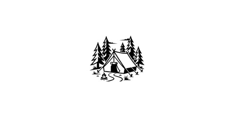 Minimalist Outdoor Camping Illustration Featuring a Ridge Tent Nestled Among Pine Trees with a Small Campfire, Perfect for Adventure and Nature Exploration Themes in Graphic Design Projects. © Zhian