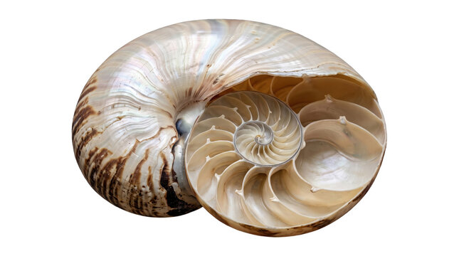 Nautilus Shell Section Showing Spiral Fibonacci Pattern, Pearlized Seashell Isolated on White Background, Marine Biology Specimen