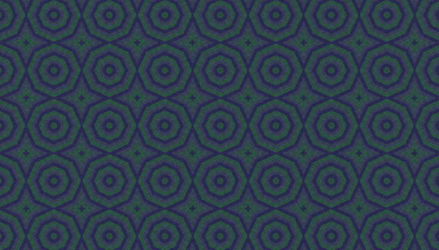 Dark teal and purple seamless geometric pattern composed of repeating circular and hexagonal motifs arranged in a structured ornamental grid.