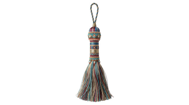 Decorative curtain tassel key tieback isolated on white background, traditional vintage fabric fringe tieback, luxurious home decor accessory
