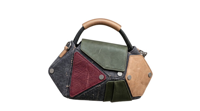 Geometric patchwork leather handbag, colorful luxury fashion purse, stylish artistic handbag on white background for women accessory fashion
