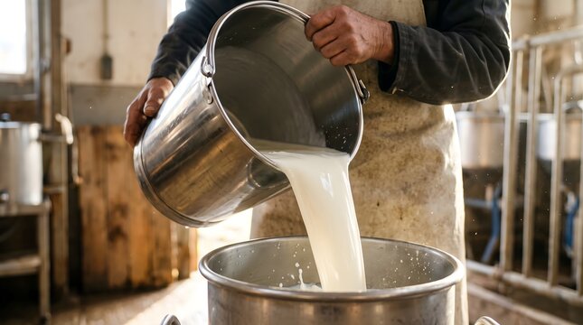 Farmer pouring fresh raw organic milk from a stainless steel bucket into a large metal container for sustainable dairy production and agricultural food processing industry concept.