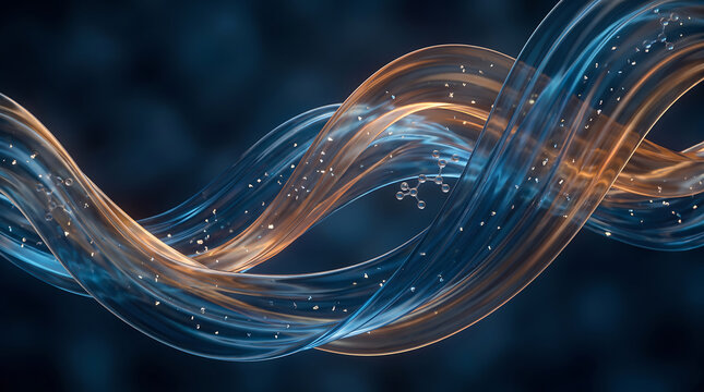 Abstract fluid simulation of glowing blue and gold biological energy in bloodstream
