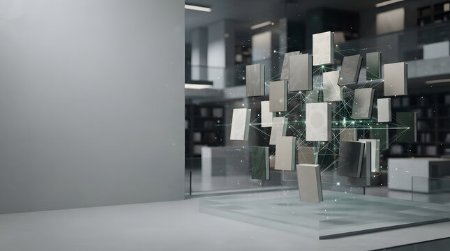 Abstract digital concept of data streaming and interconnected information blocks in a futuristic setting