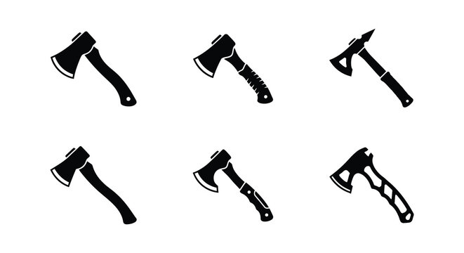 Six black silhouettes of hand axes on a white background