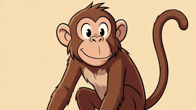 A digitally created cartoon monkey sits upright on a plain beige background, exuding cheerful energy and approachability through its wide smile and bright eyes.