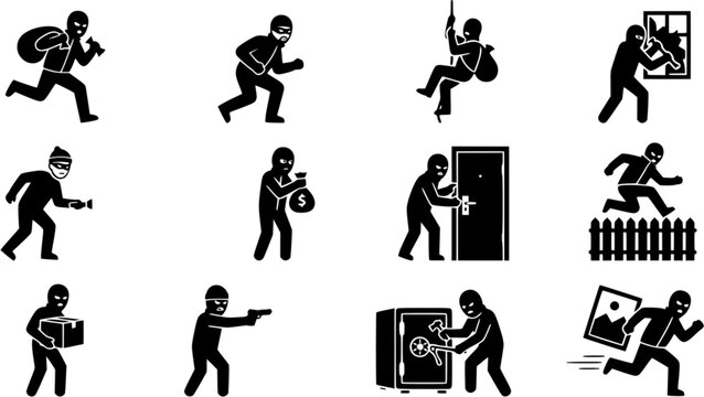 Thief robber criminal icon set showing person wearing balaclava mask and jacket in outline and solid black vector graphic styles
