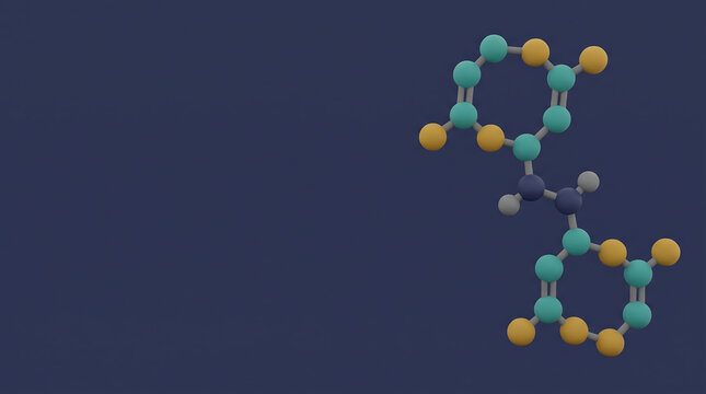 Abstract NAD+ molecule 3D render in teal and yellow on navy background, coenzyme concept with copy space