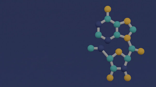 Abstract NAD+ molecule 3D render in teal and yellow on navy background, coenzyme concept with copy space
