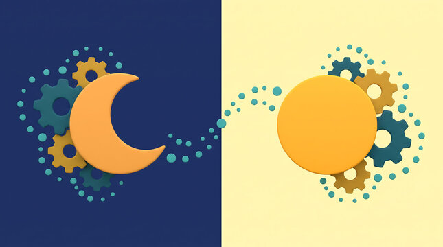 Circadian rhythm concept with gears, sun and moon on split navy and yellow background, flat 3D illustration