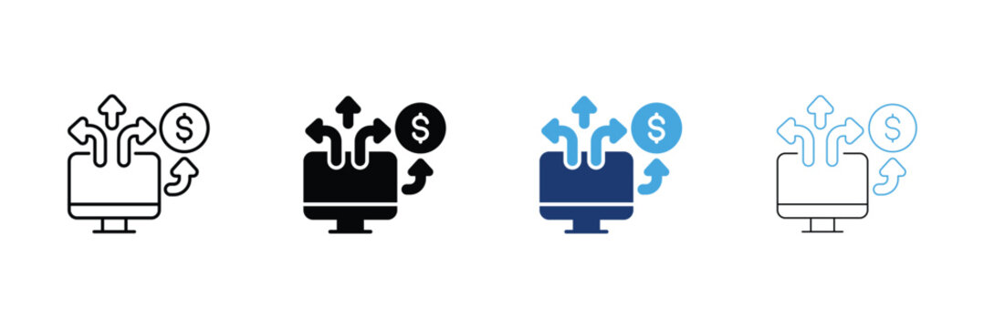 DSP platform icon set. Computer monitor with distribution arrows and dollar coin Icons. Outline, Glyph, two-tone and editable stroke vector illustration.
