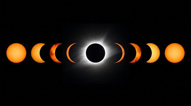 Composite sequence showing the full progression and phases of a total solar eclipse