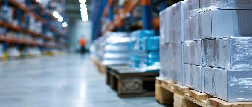 Stacks of boxes in a warehouse with pallets on concrete floor