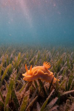 A vibrant orange Dendronotus iris sea slug rests on seagrass blades in a serene underwater meadow, illuminated by warm sunlight filtering down from above.