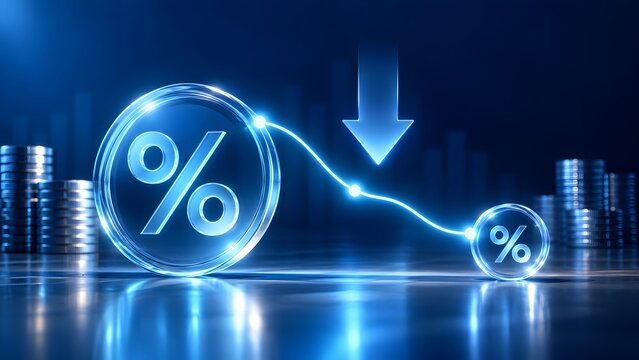Downward financial chart with glowing glass percentage symbols and arrow representing economic deflation interest rate drop recession and market decline