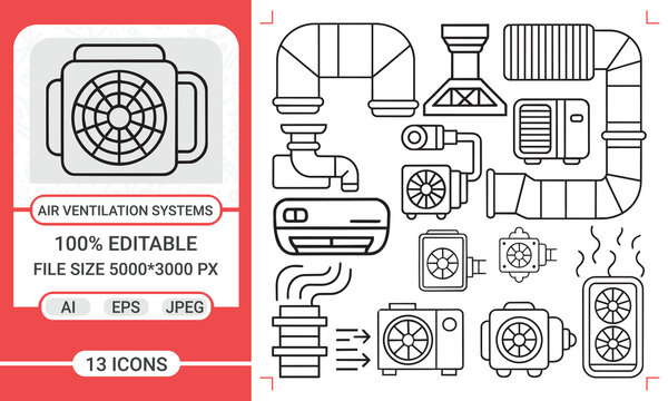 HVAC and Industrial Air Ventilation Systems Line Icon Set - Air Conditioning, Heating, Exhaust Fan, and Climate Control Vector Icons