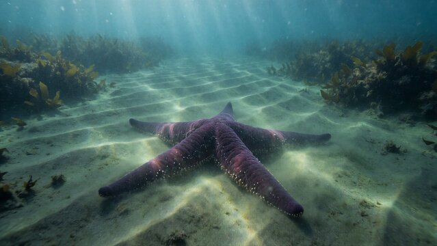 A majestic purple sea star sprawls across the sandy seabed amidst swaying kelp-like marine plants in the vibrant waters of the Pacific Ocean.