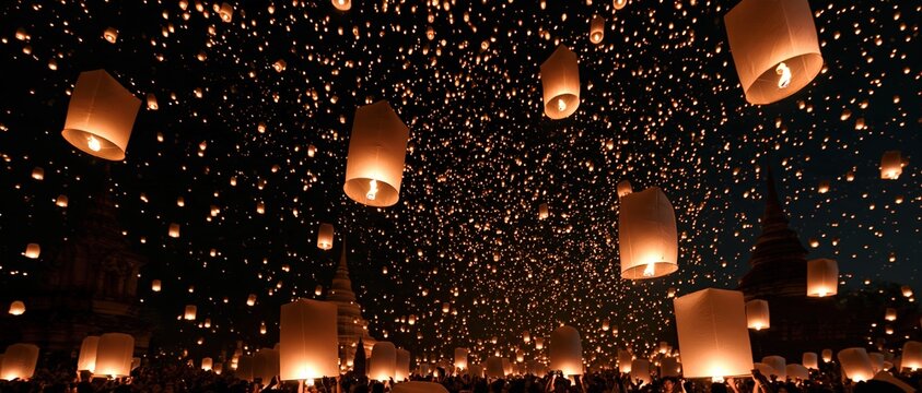 A breathtaking mass release of glowing paper lanterns fills the night sky above ancient temple stupas at Thailands Yi Peng festival, evoking hope, freedom, and spiritual wonder.