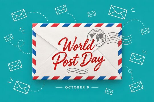 An envelope celebrating World Post Day with a stamp and flying mail on a blue background