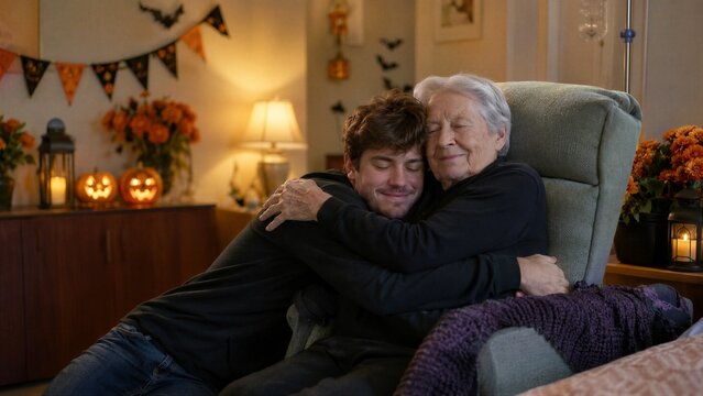 Older woman and young man embrace beside hospice bed. Halloween visit in hospice care. Intergenerational connection and end-of-life companionship. Seasonal celebration and holiday care.