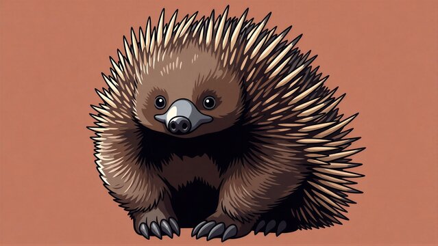 A stylized illustration of a short-beaked echidna (Tachyglossus aculeatus) stands front-facing on a solid peach-colored background.