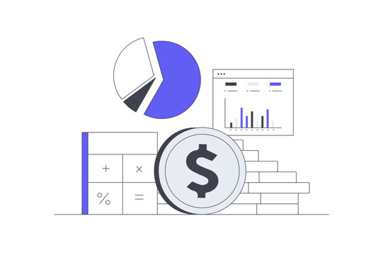 Statistical Chart Financial Analytics and Business Budget Accounting. Office Calculator Screen Displaying Pie Chart Bar Graph and Money Coins. Flat Cartoon Vector Illustration, icon Stylish abstract 